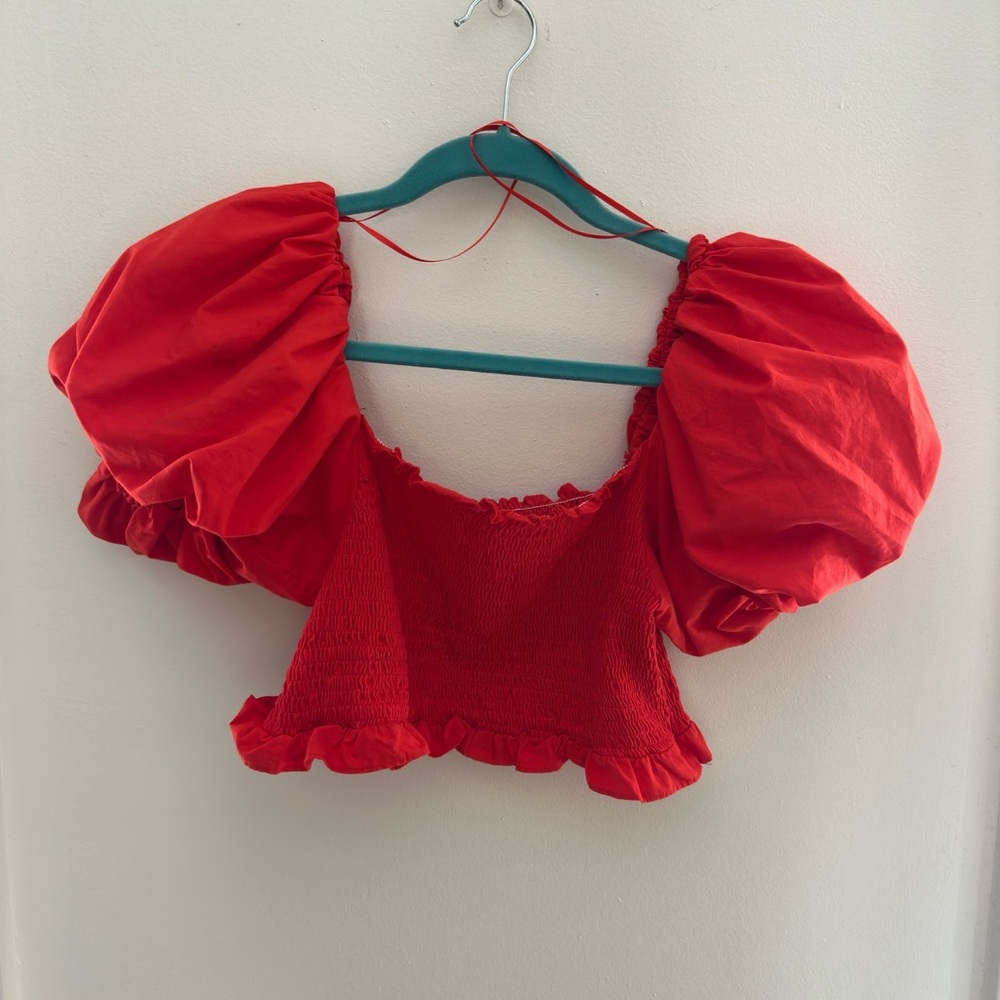 Red Puff Sleeve Smocked Crop from Zara - Size Medium